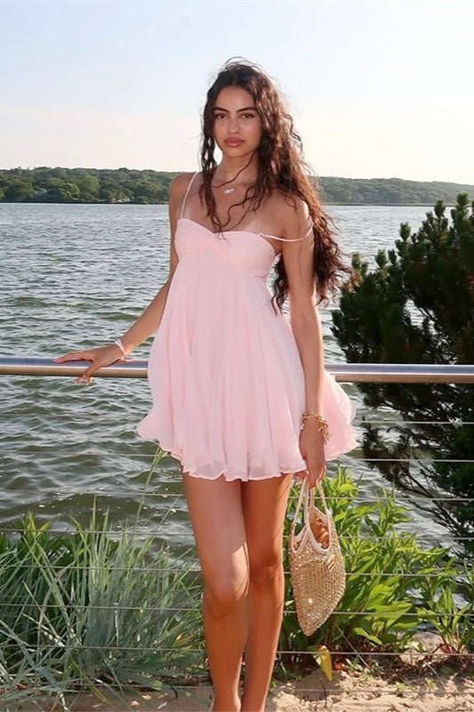 OLANE Off Shoulder Chiffon Mini Dress PinkSWomen's Dresses