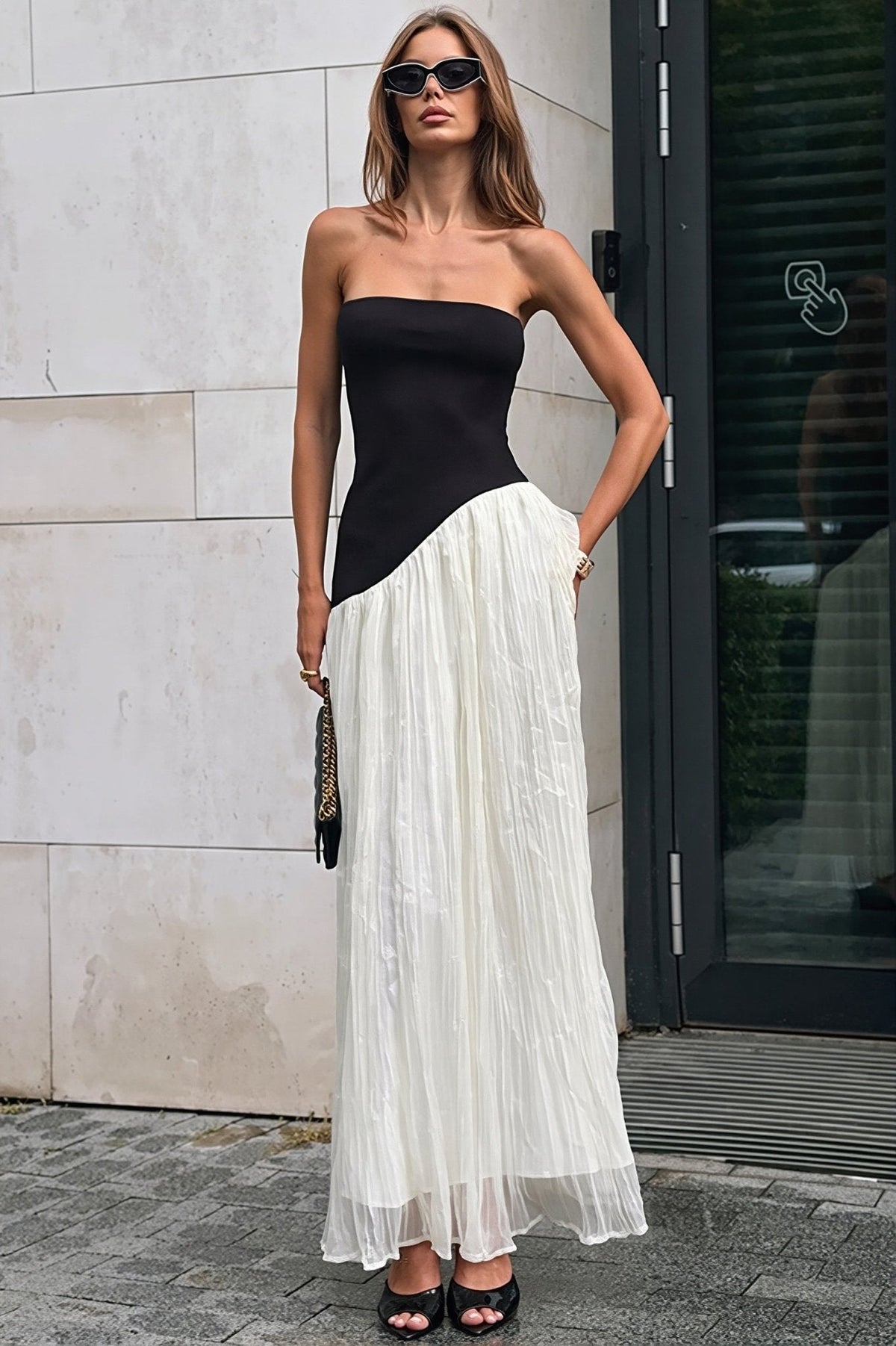 OLANE Off-Shoulder Contrast Irregular Maxi Dress BlackSWomen’s Dresses