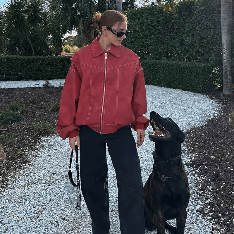 OLANE Oversized Contrast Faux Leather Jacket RedSWomen's Coats & Jackets