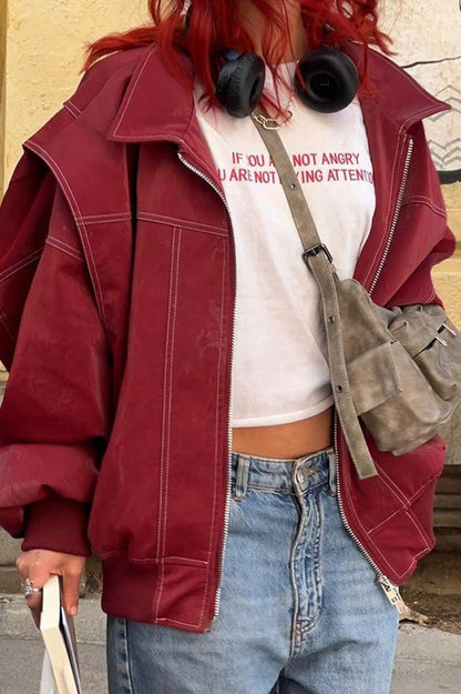OLANE Oversized Contrast Faux Leather Jacket RedSWomen's Coats & Jackets