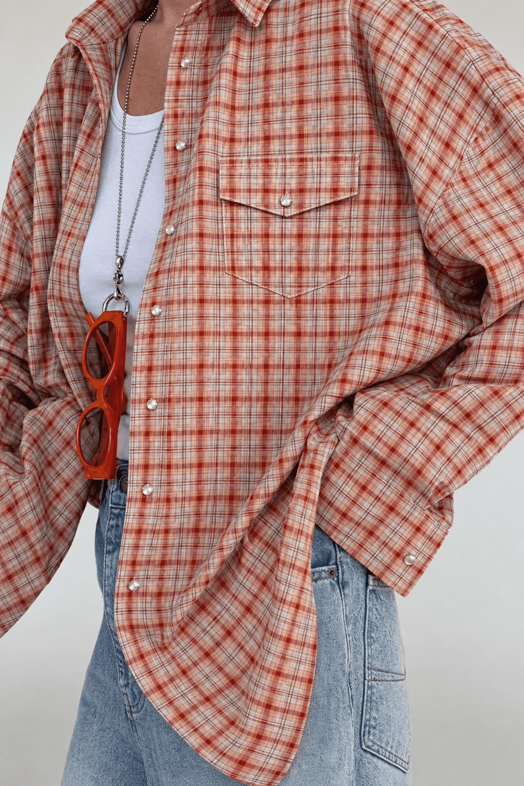 OLANE Oversized Plaid Long Sleeve Shirt OrangeSWomen’s Tops