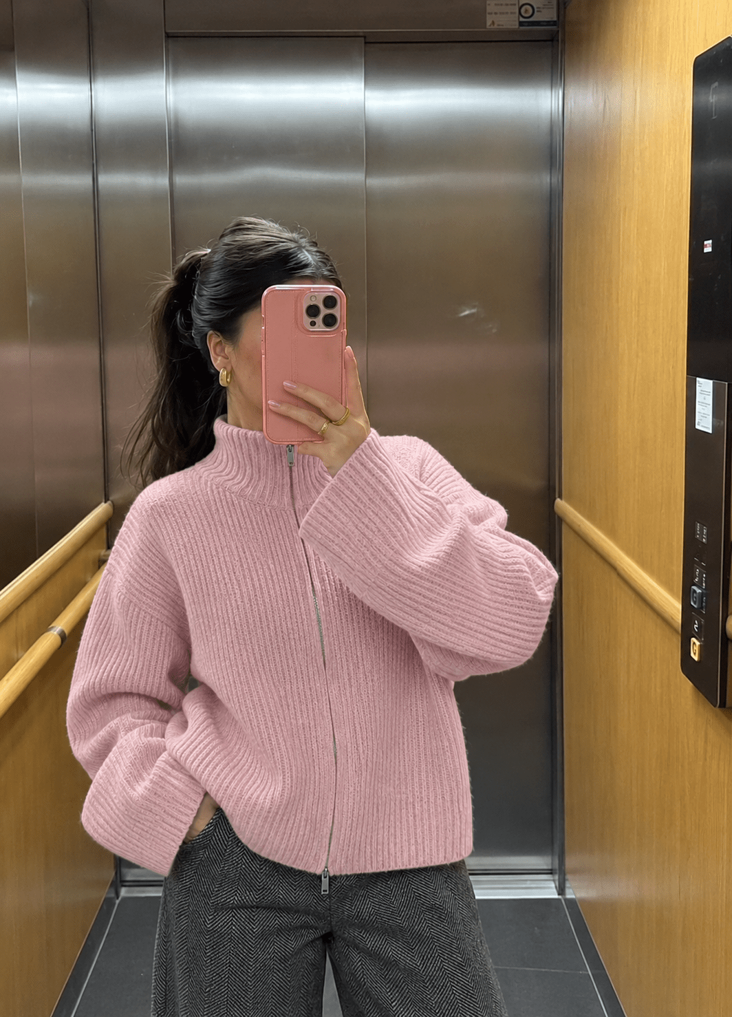 OLANE Oversized Ribbed Zip-Up Sweater PinkMCardigan
