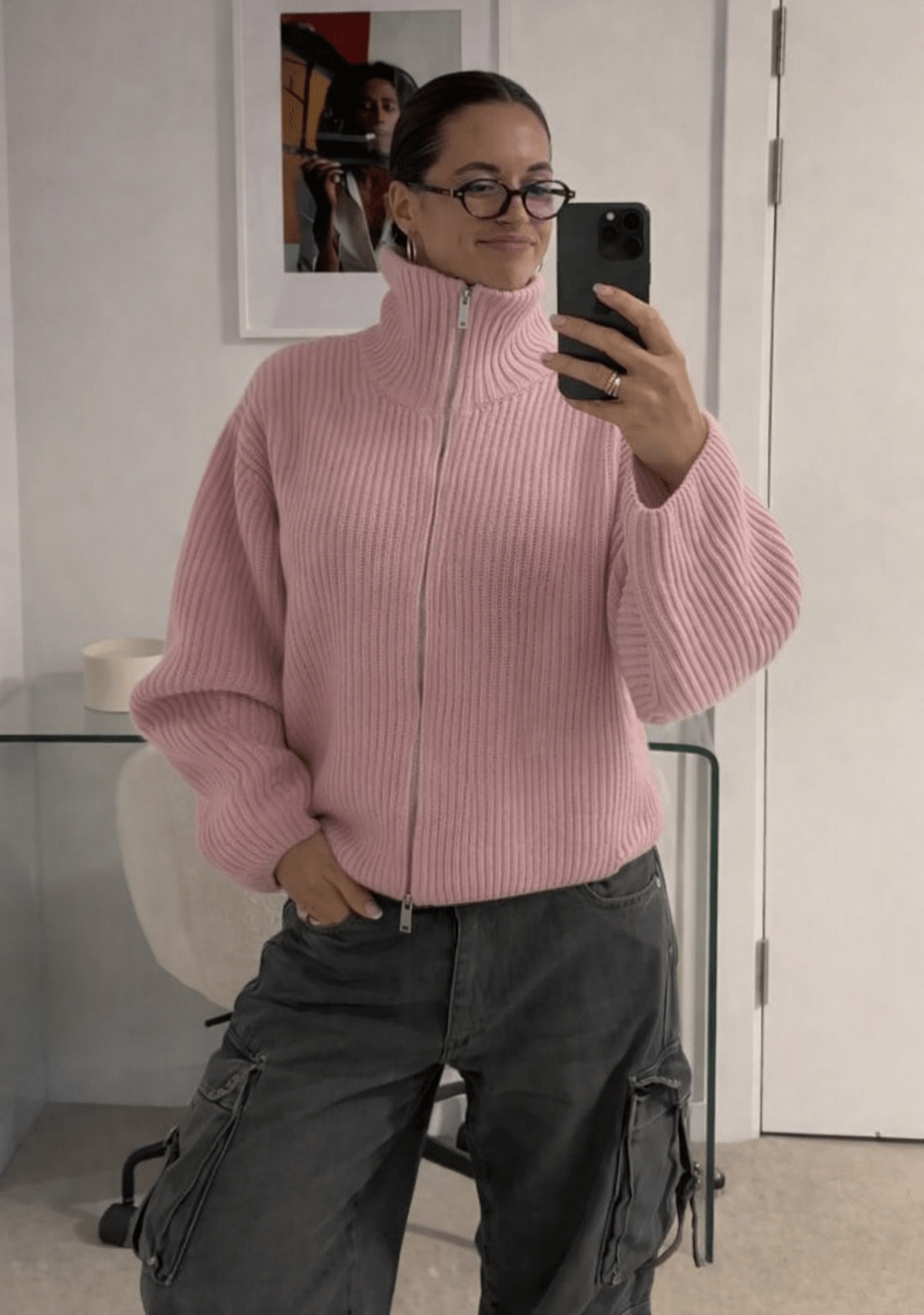 OLANE Oversized Ribbed Zip-Up Sweater PinkSCardigan