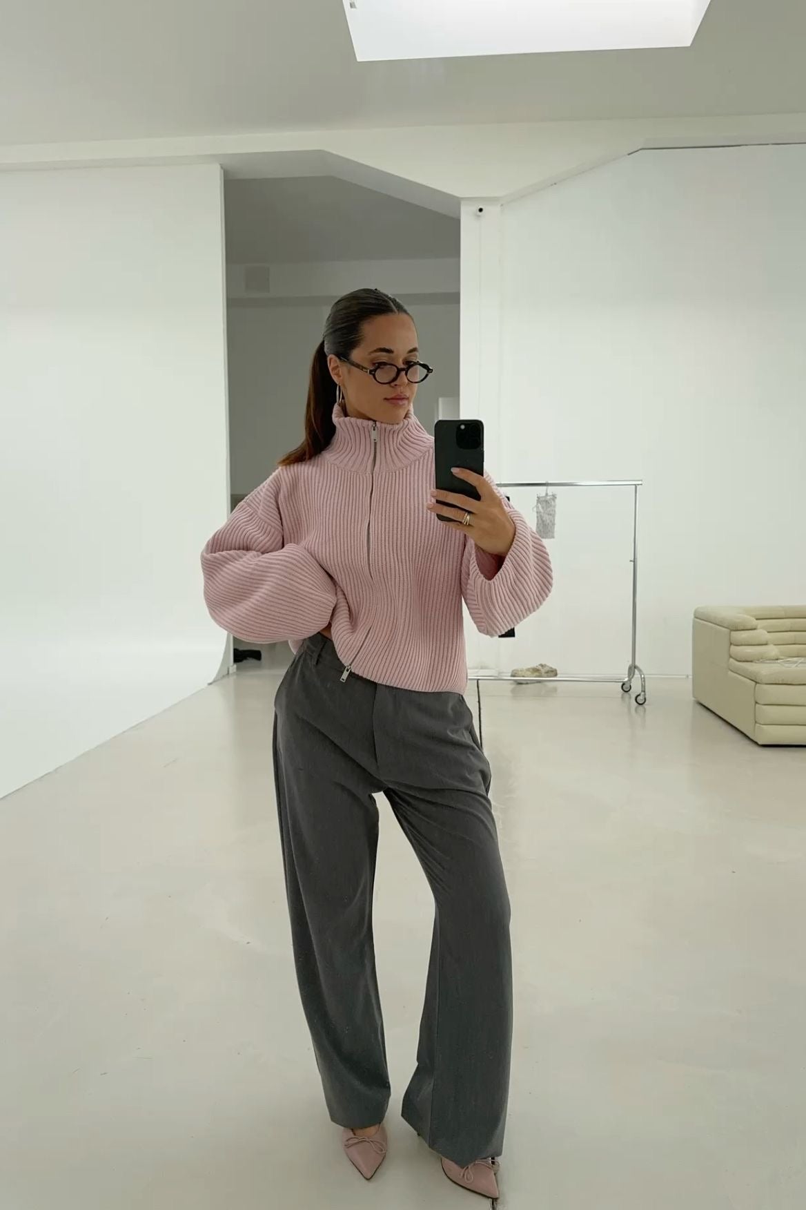 OLANE Oversized Ribbed Zip-Up Sweater PinkSCardigan