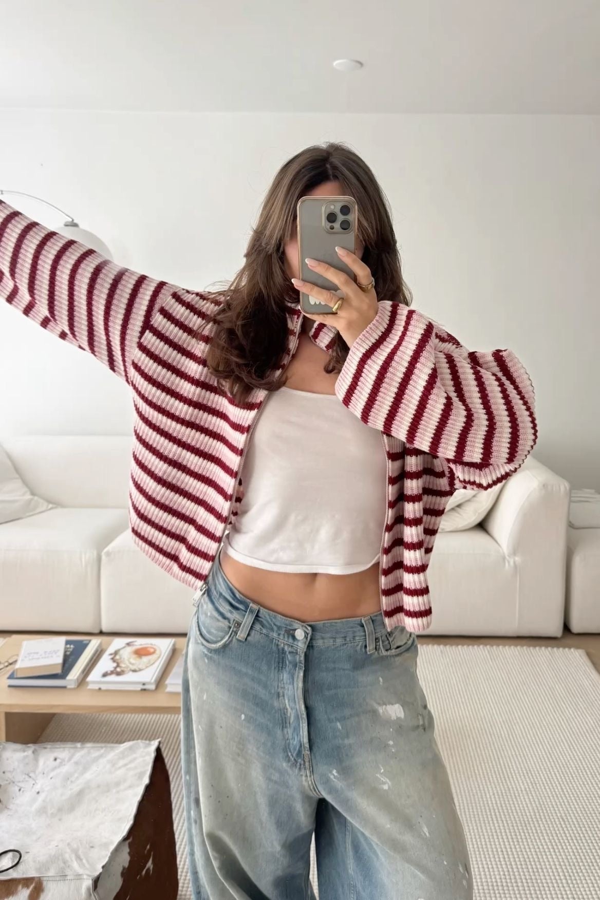 OLANE Oversized Striped Zip Knit Sweater PinkLWomen's Sweaters & Cardigans