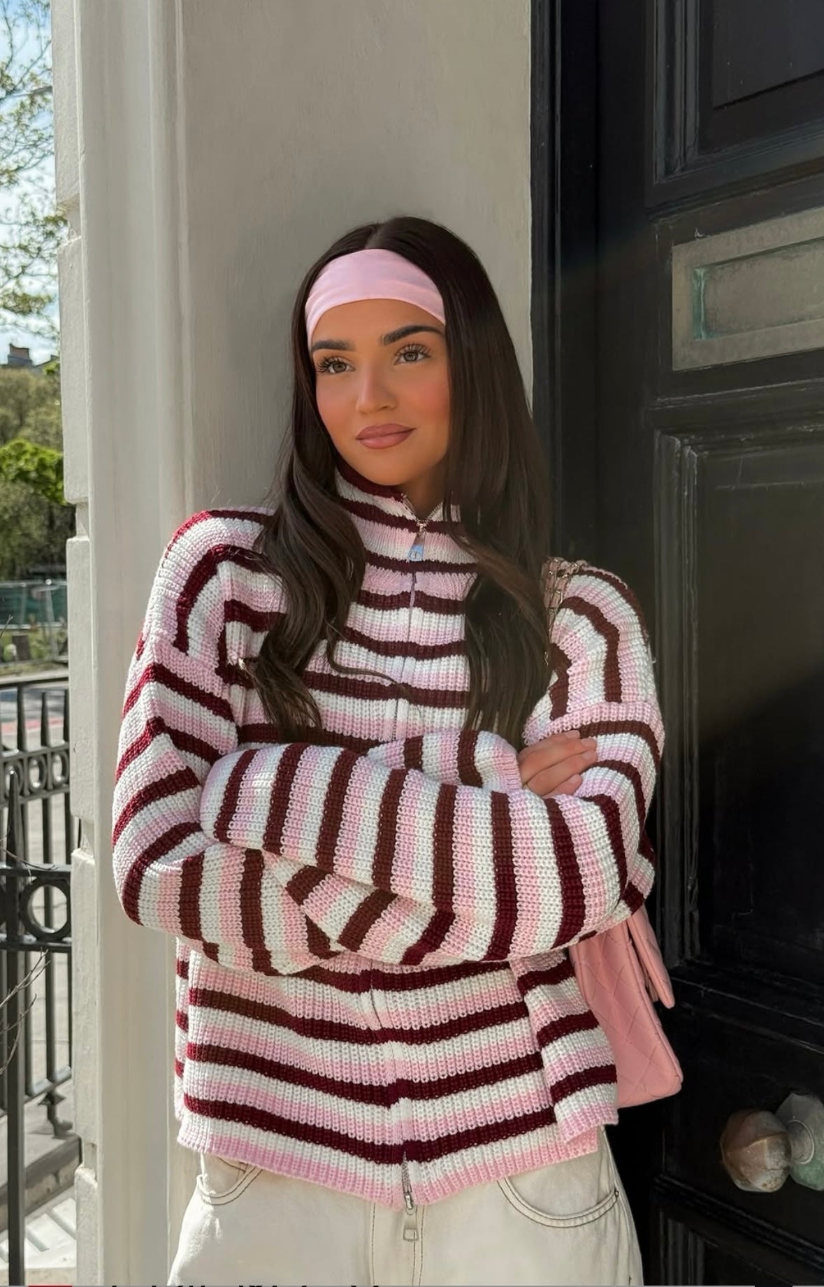 OLANE Oversized Striped Zip Knit Sweater PinkMWomen's Sweaters & Cardigans