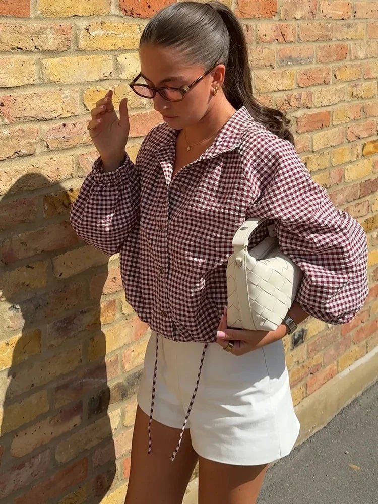OLANE Plaid Drawstring High Neck Jacket RedXSJacket