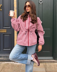 Plaid Drawstring Hooded Trench Jacket