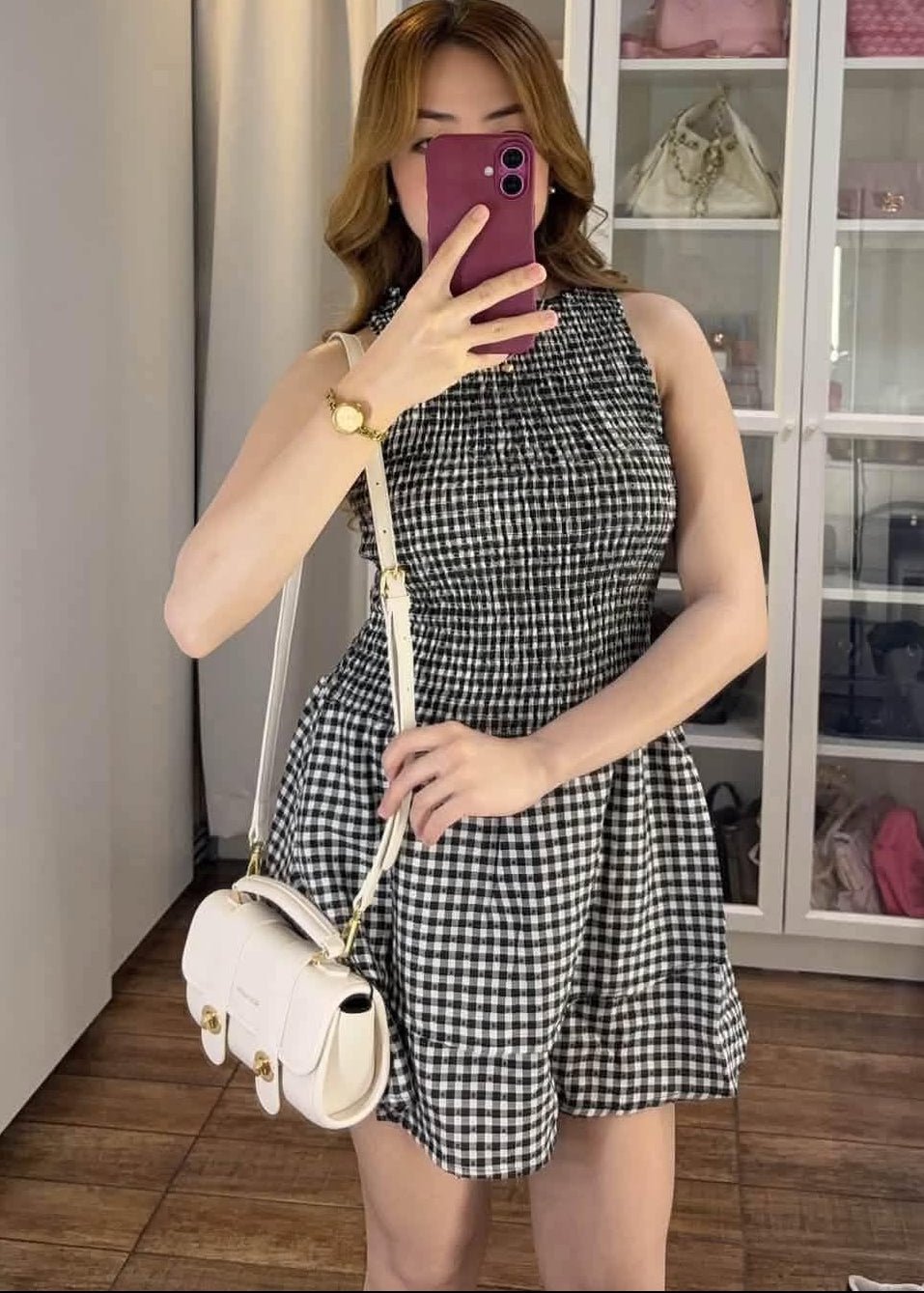 OLANE Plaid Smocked Layered Mini Dress BlackMWomen's Dresses