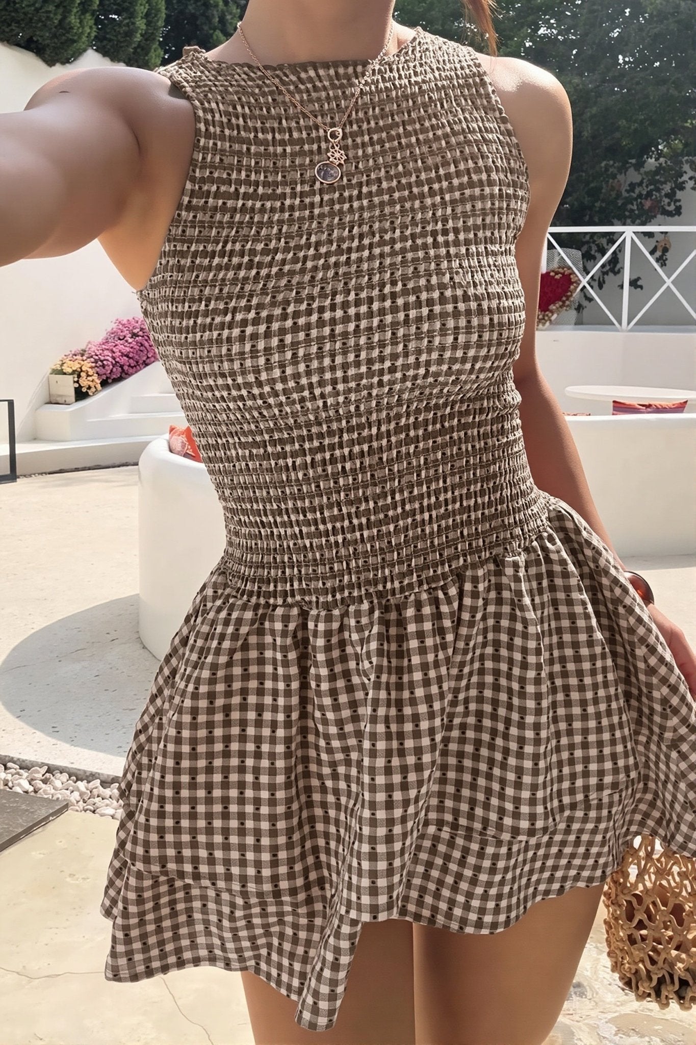 OLANE Plaid Smocked Layered Mini Dress BrownMWomen's Dresses