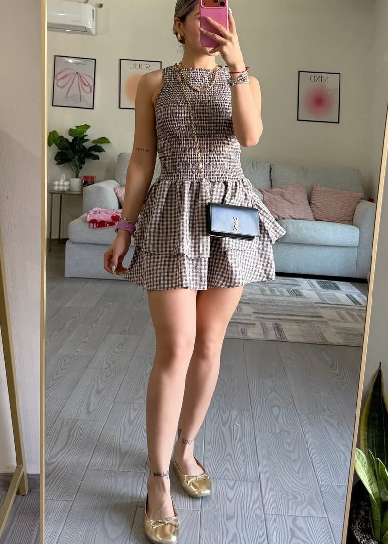 OLANE Plaid Smocked Layered Mini Dress BrownSWomen's Dresses