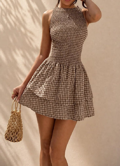 OLANE Plaid Smocked Layered Mini Dress BrownSWomen's Dresses