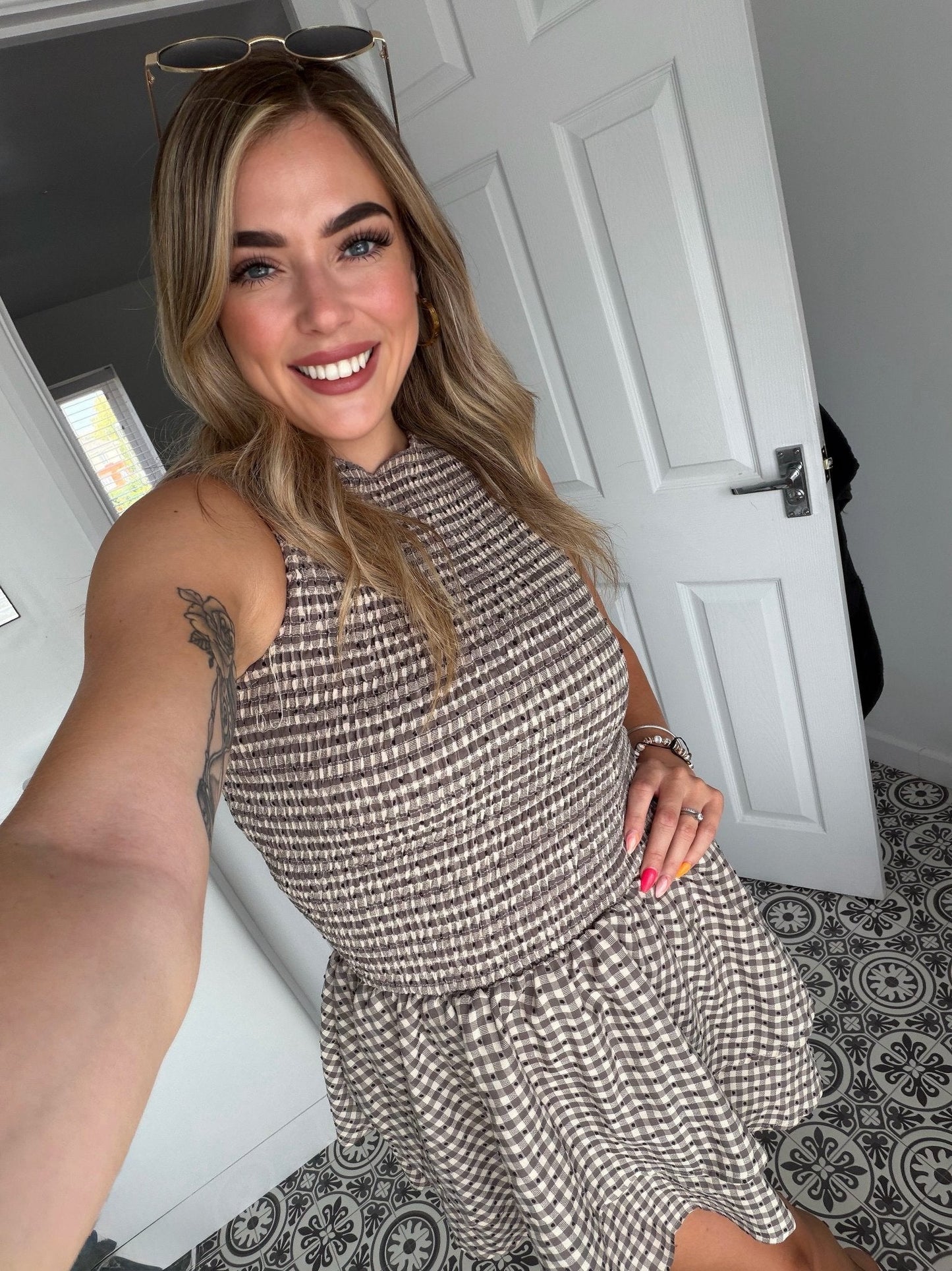 OLANE Plaid Smocked Layered Mini Dress BrownXLWomen's Dresses