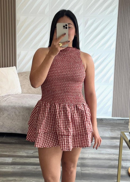 OLANE Plaid Smocked Layered Mini Dress RedLWomen's Dresses