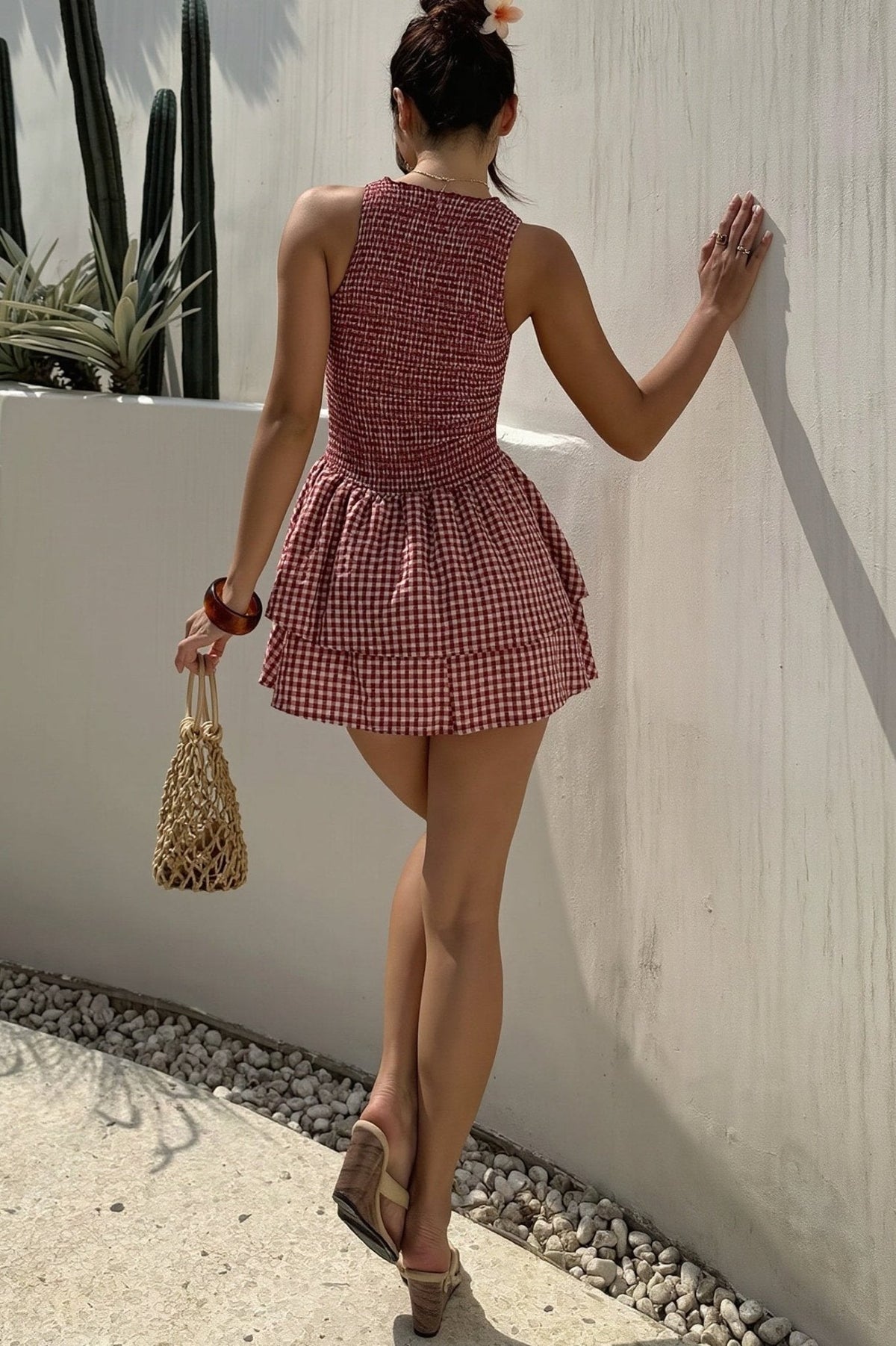 OLANE Plaid Smocked Layered Mini Dress RedMWomen's Dresses