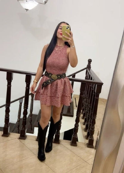 OLANE Plaid Smocked Layered Mini Dress RedXLWomen's Dresses