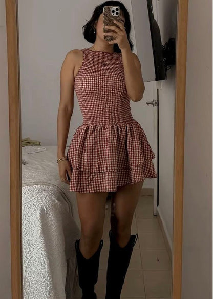 OLANE Plaid Smocked Layered Mini Dress RedXLWomen's Dresses