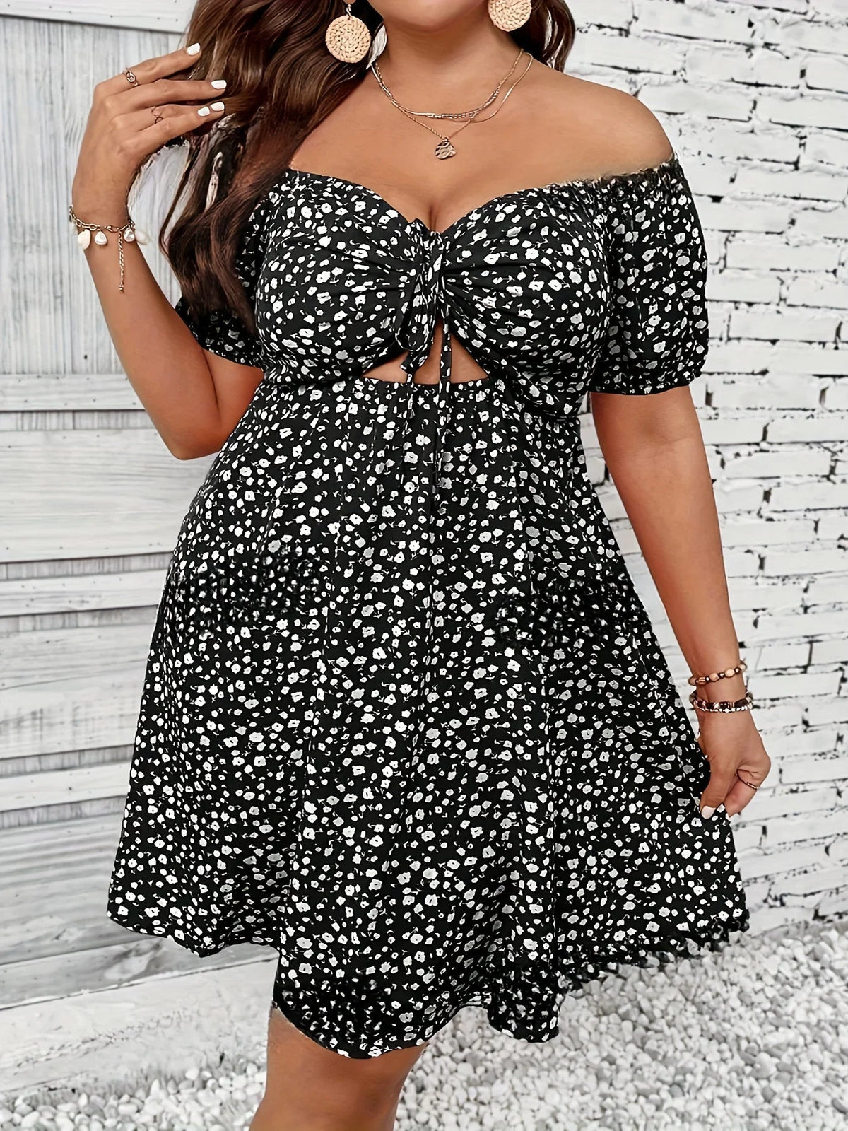OLANE Plus Size Off-the-Shoulder Floral Dress BlackXLWomen's Dresses