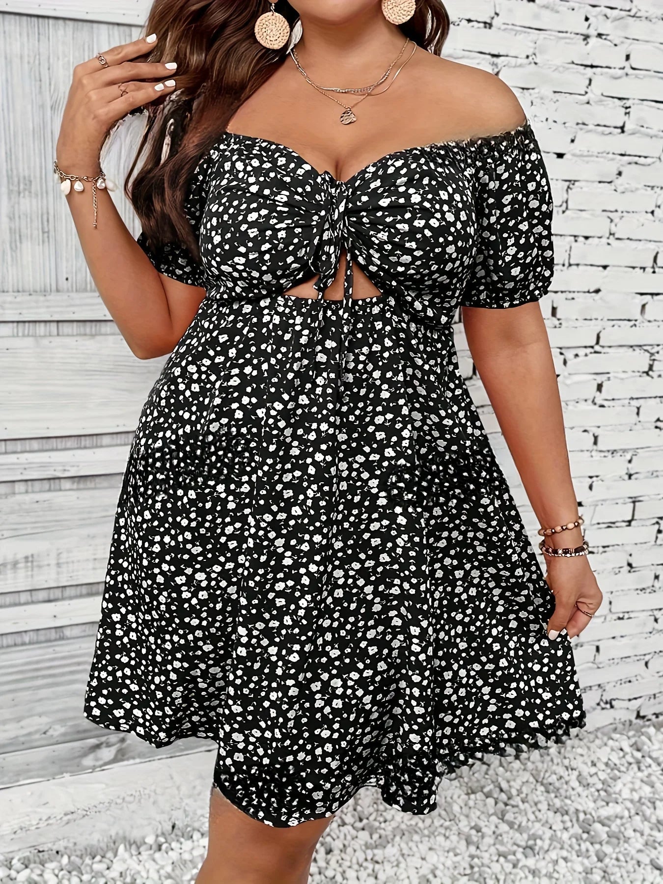 OLANE Plus Size Off-the-Shoulder Floral Dress BlackXLWomen's Dresses