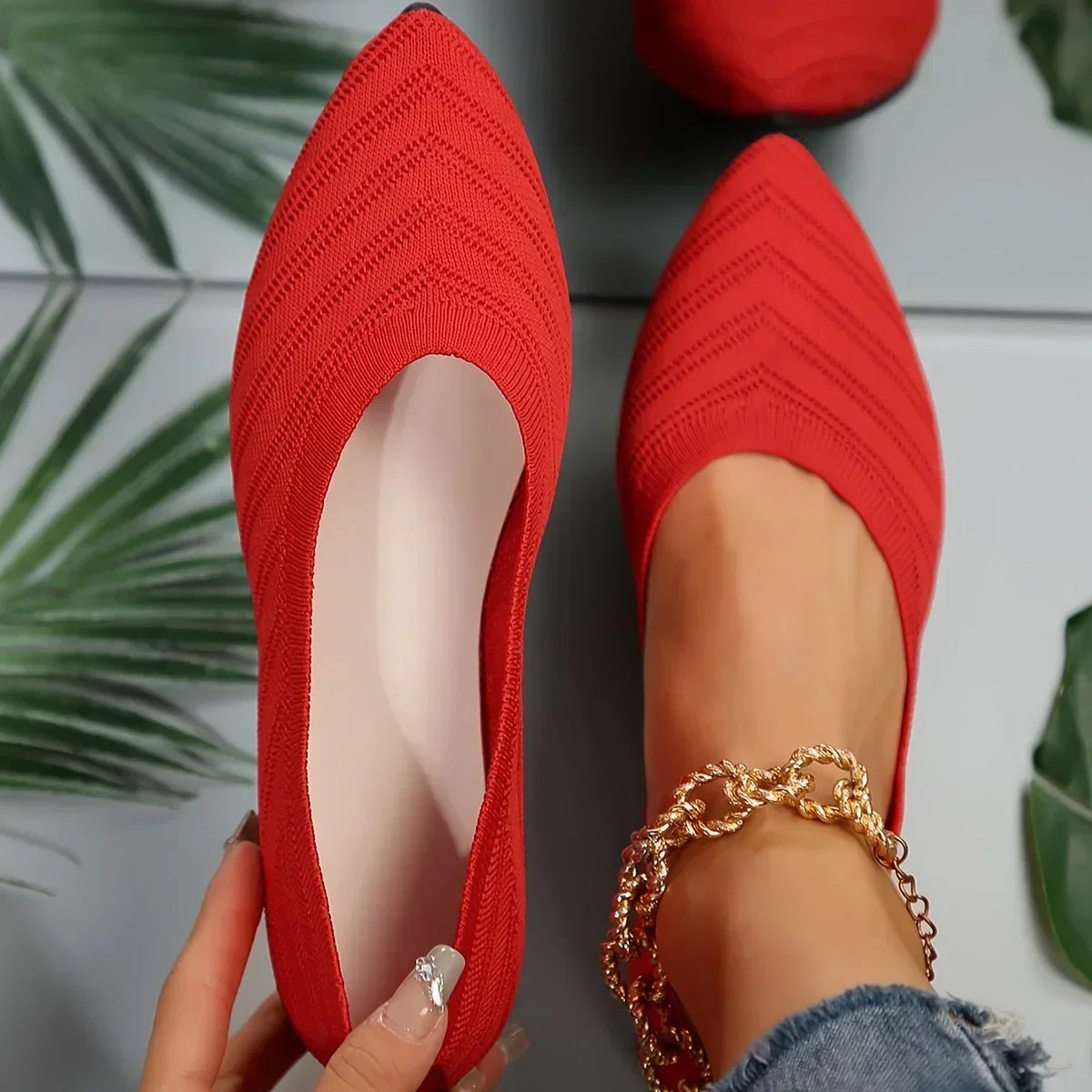 OLANE Pointed Toe Knitted Ballet Flats Red35Women's Shoes