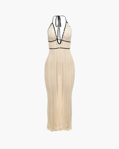 OLANE Rachel Lace Up Halter Maxi Dress BeigeXSWomen’s Dresses