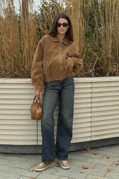 OLANE Relaxed-Fit Faux Suede Zip-Up Jacket BrownLWomen's Coats & Jackets