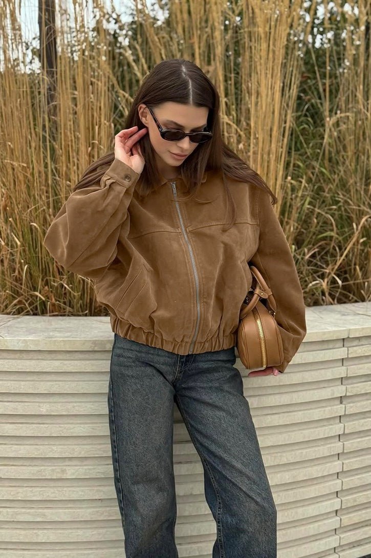 OLANE Relaxed-Fit Faux Suede Zip-Up Jacket BrownLWomen's Coats & Jackets