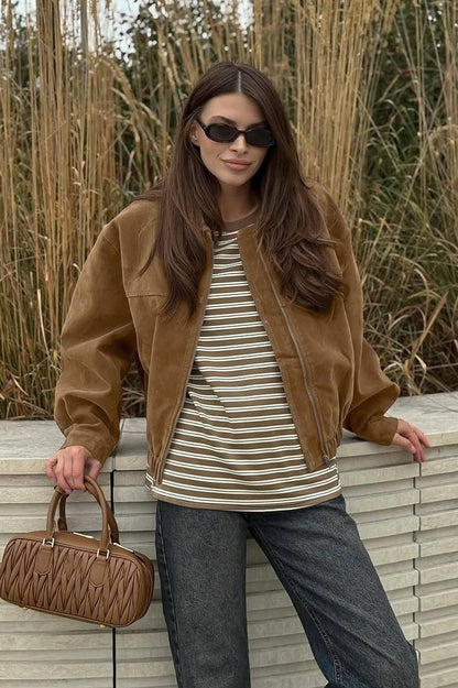 OLANE Relaxed-Fit Faux Suede Zip-Up Jacket BrownLWomen's Coats & Jackets
