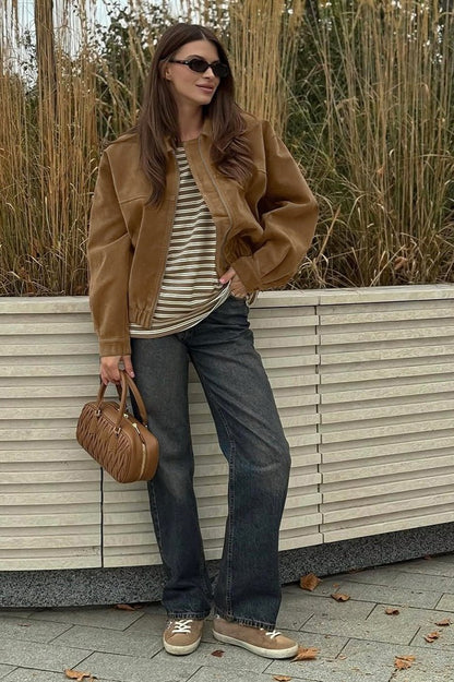 OLANE Relaxed-Fit Faux Suede Zip-Up Jacket BrownLWomen's Coats & Jackets