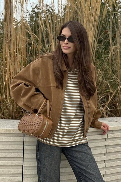 OLANE Relaxed-Fit Faux Suede Zip-Up Jacket BrownMWomen's Coats & Jackets