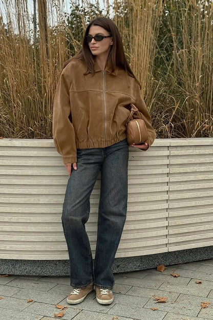 OLANE Relaxed-Fit Faux Suede Zip-Up Jacket BrownSWomen's Coats & Jackets
