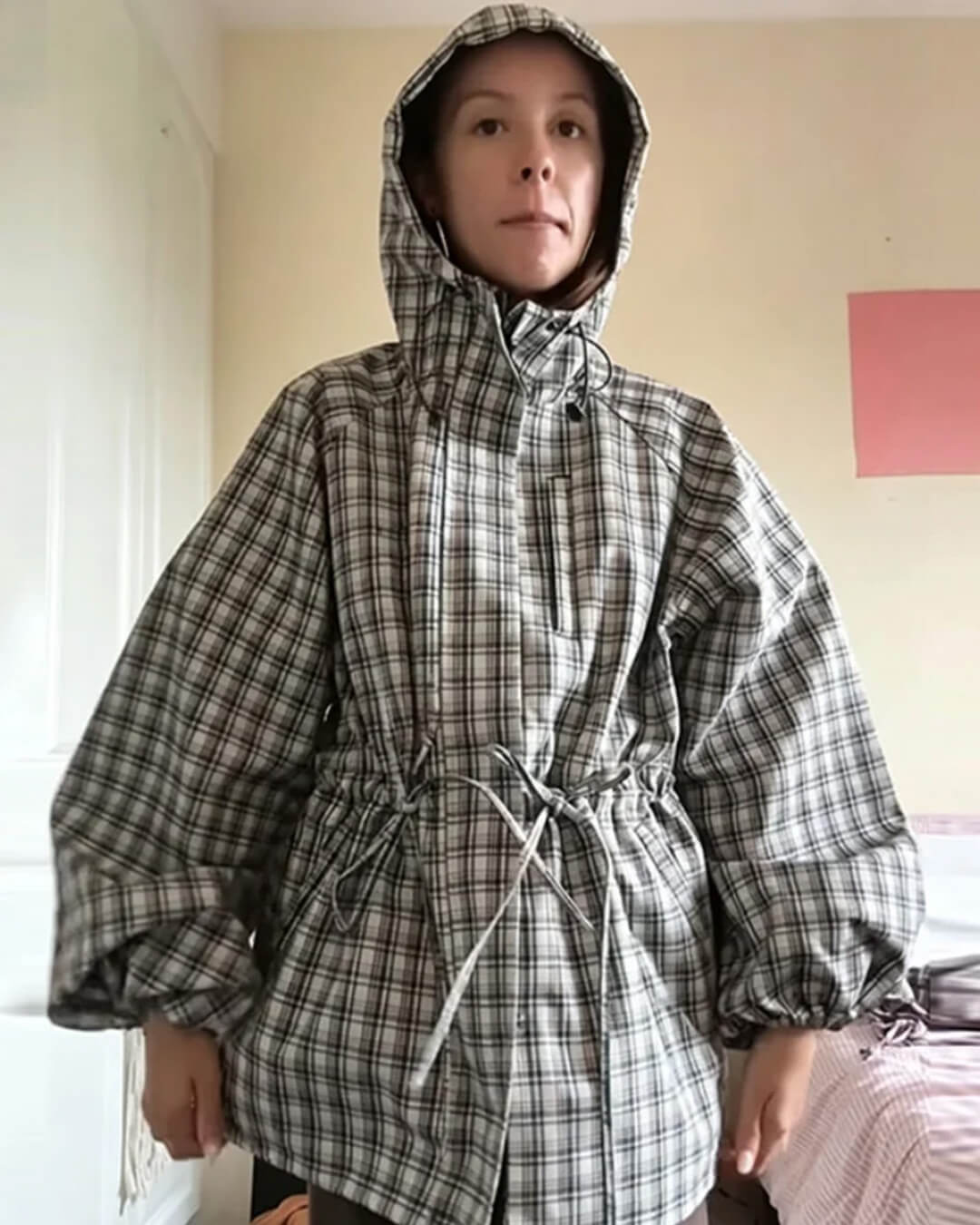 OLANE Retro Plaid Oversized Hooded Jacket LWomen's Coats & Jackets