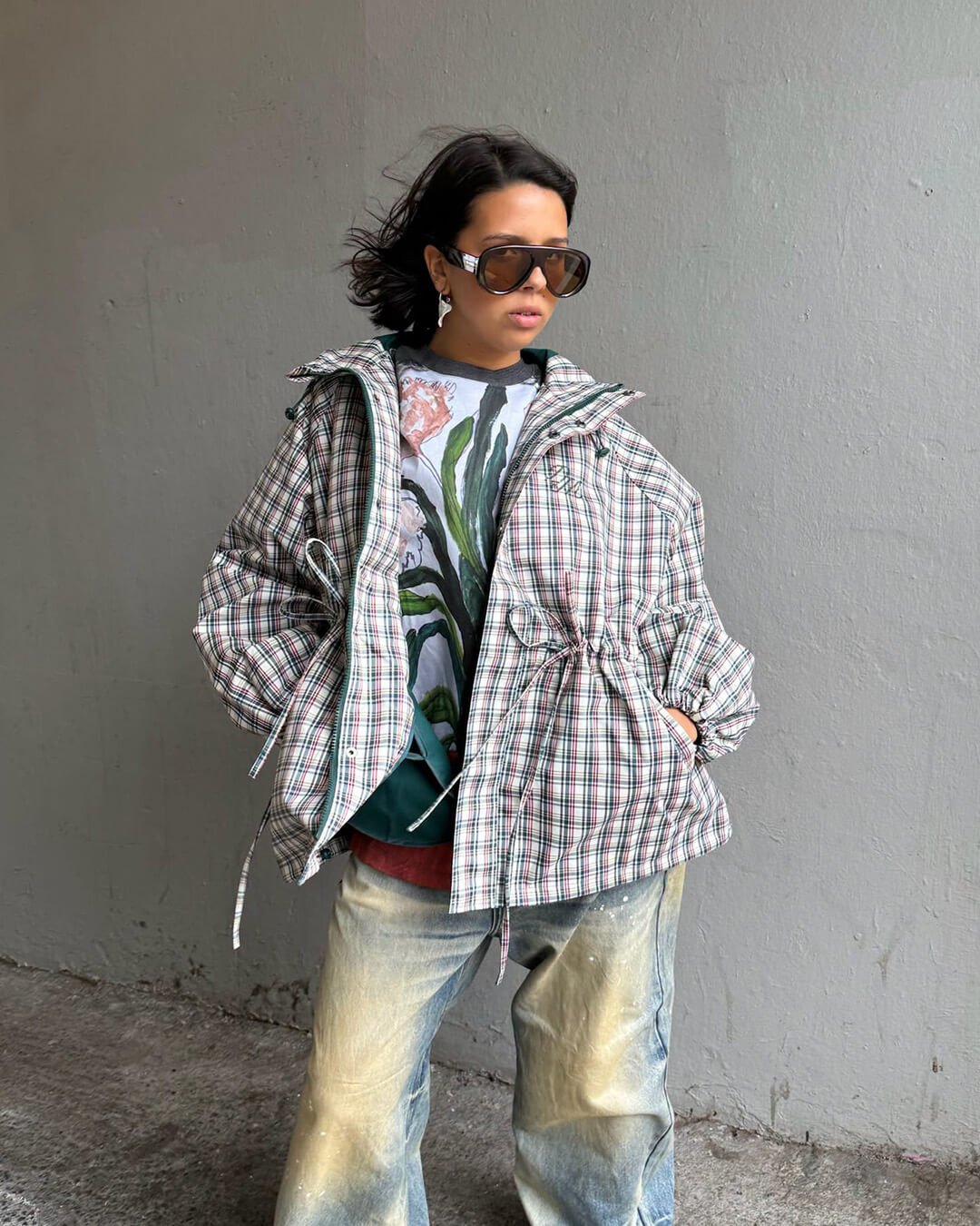 OLANE Retro Plaid Oversized Hooded Jacket MWomen's Coats & Jackets