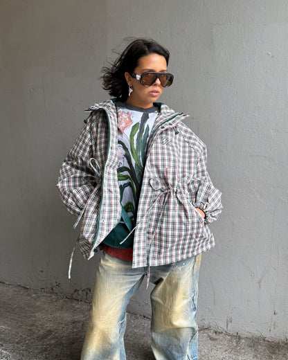 OLANE Retro Plaid Oversized Hooded Jacket MWomen's Coats & Jackets