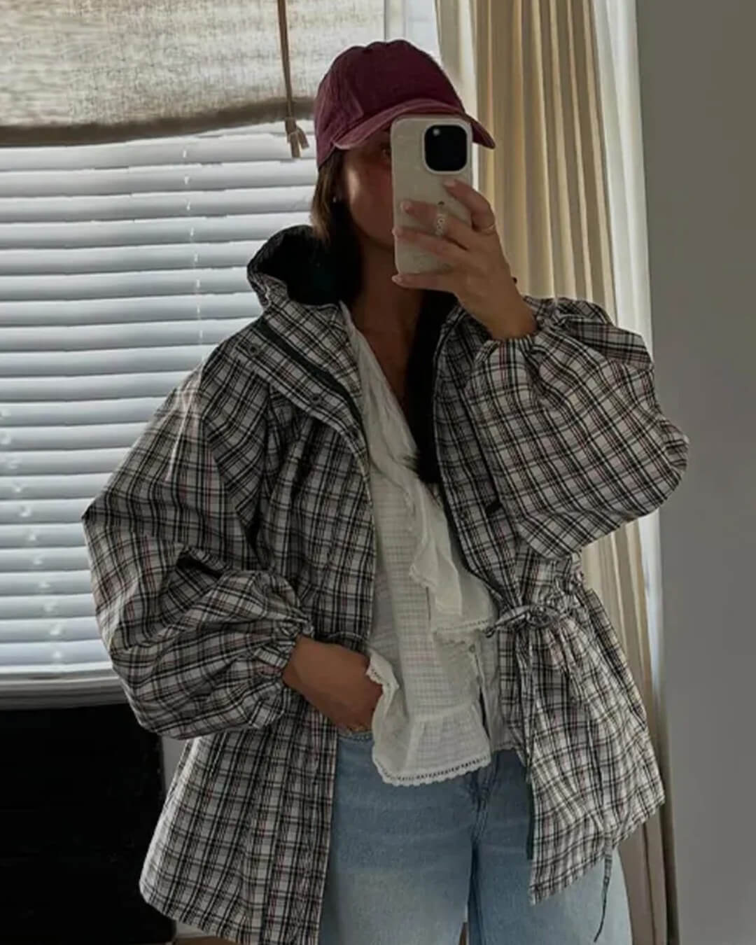 OLANE Retro Plaid Oversized Hooded Jacket SWomen's Coats & Jackets