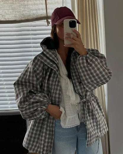 OLANE Retro Plaid Oversized Hooded Jacket SWomen's Coats & Jackets