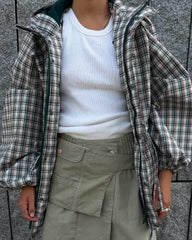 Giacca Oversize a Quadri Retro con Cappuccio