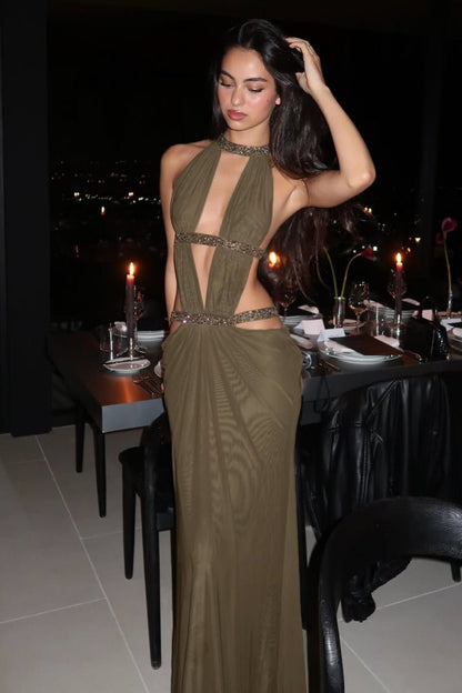 OLANE Rhinestone Ruched Cut Out Maxi Dress GreenLWomen's Dresses