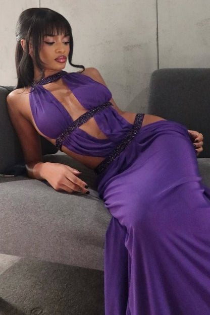 OLANE Rhinestone Ruched Cut Out Maxi Dress PurpleSWomen's Dresses