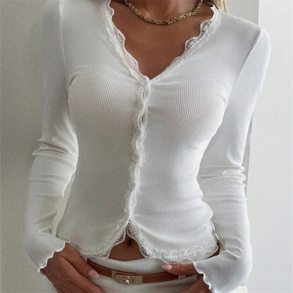 OLANE Ribbed Lace Trim V - Neck Blouse WhiteLWomen’s Tops