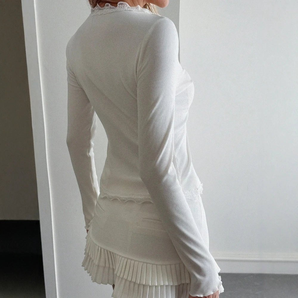 OLANE Ribbed Lace Trim V-Neck Blouse WhiteSWomen's Tops