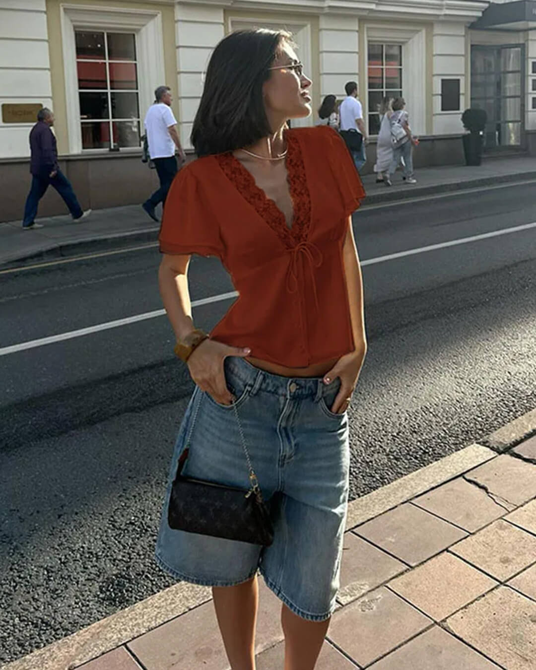 OLANE Rochelle Lace Short Sleeve V-Neck Top BrownMWomen's Tops