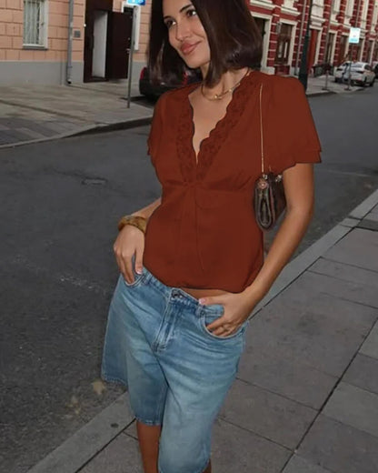 OLANE Rochelle Lace Short Sleeve V-Neck Top BrownSWomen's Tops