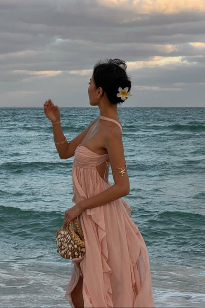 OLANE Romantic Strapless Ruffled Maxi Dress Baby PinkSWomen's Dresses