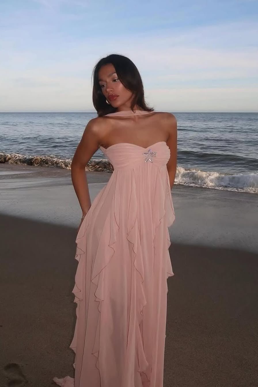 OLANE Romantic Strapless Ruffled Maxi Dress Baby PinkSWomen's Dresses