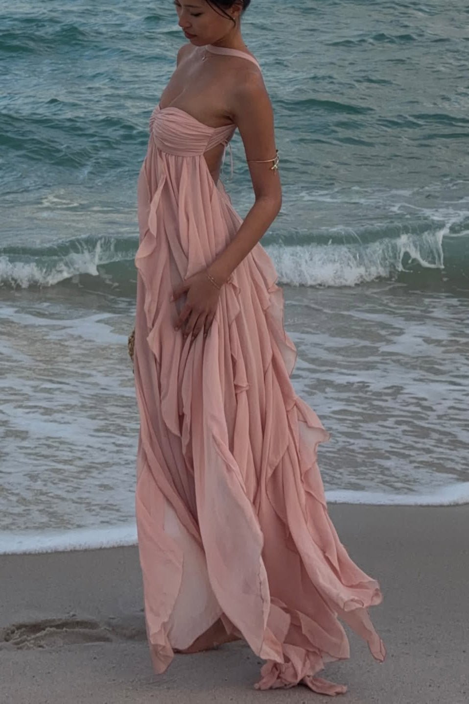 OLANE Romantic Strapless Ruffled Maxi Dress Baby PinkSWomen's Dresses