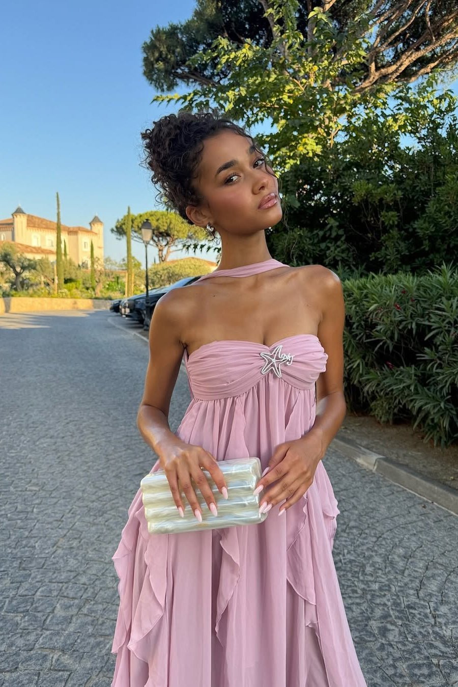 OLANE Romantic Strapless Ruffled Maxi Dress PinkSWomen's Dresses