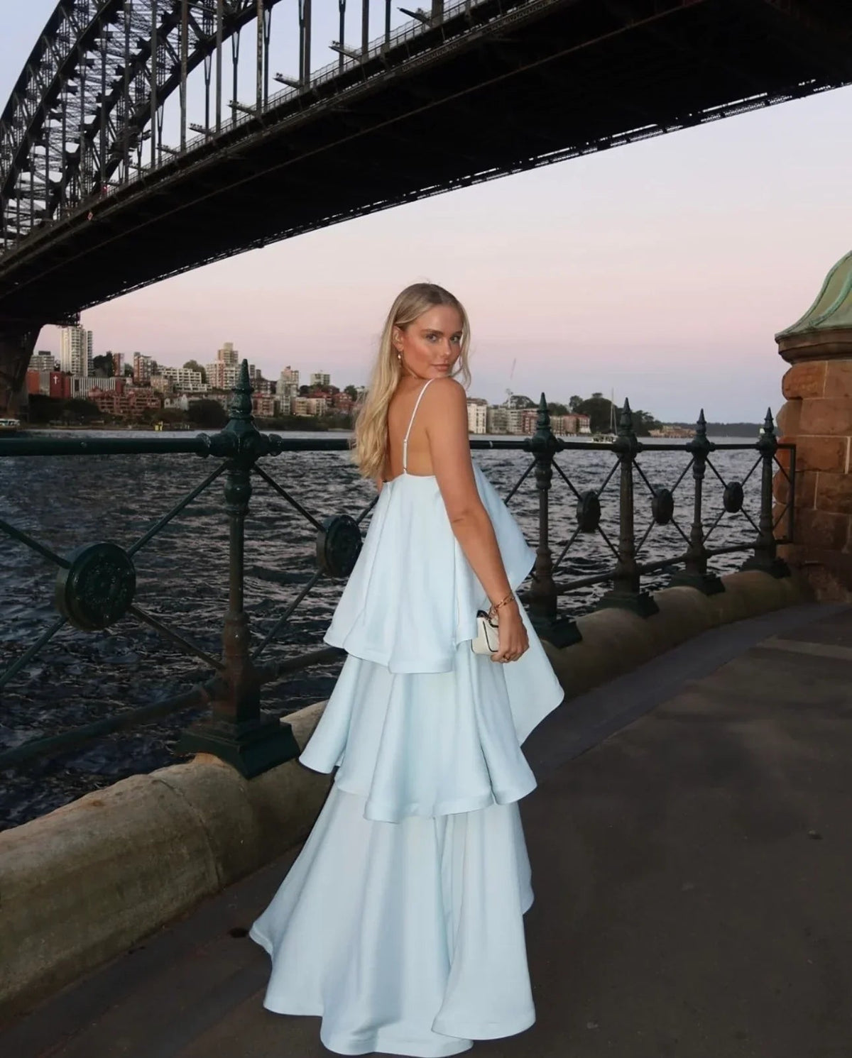 OLANE Romantic Tiered Ruffle Satin Maxi Dress BlueMWomen’s Dresses