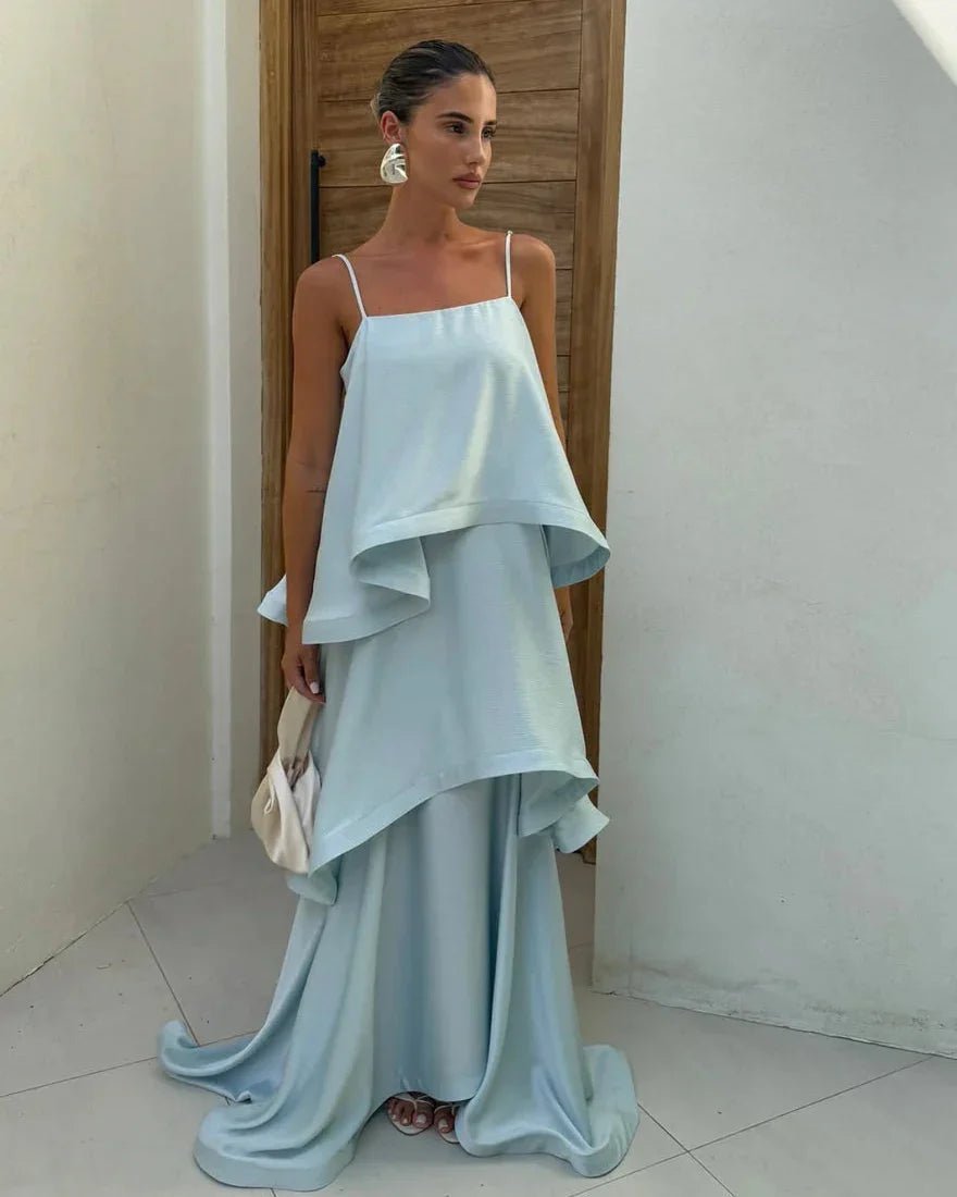 OLANE Romantic Tiered Ruffle Satin Maxi Dress BlueMWomen’s Dresses