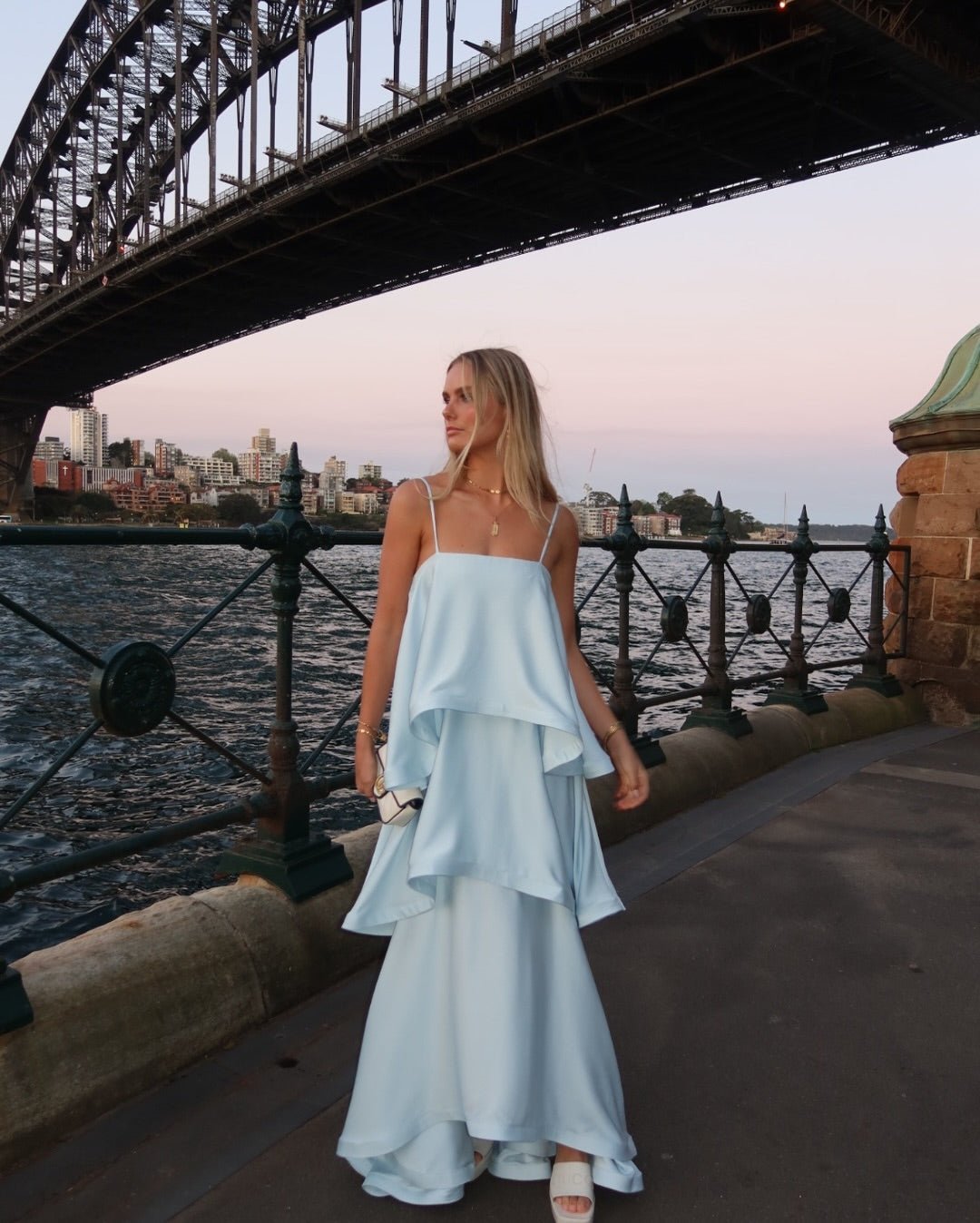 OLANE Romantic Tiered Ruffle Satin Maxi Dress BlueSWomen’s Dresses